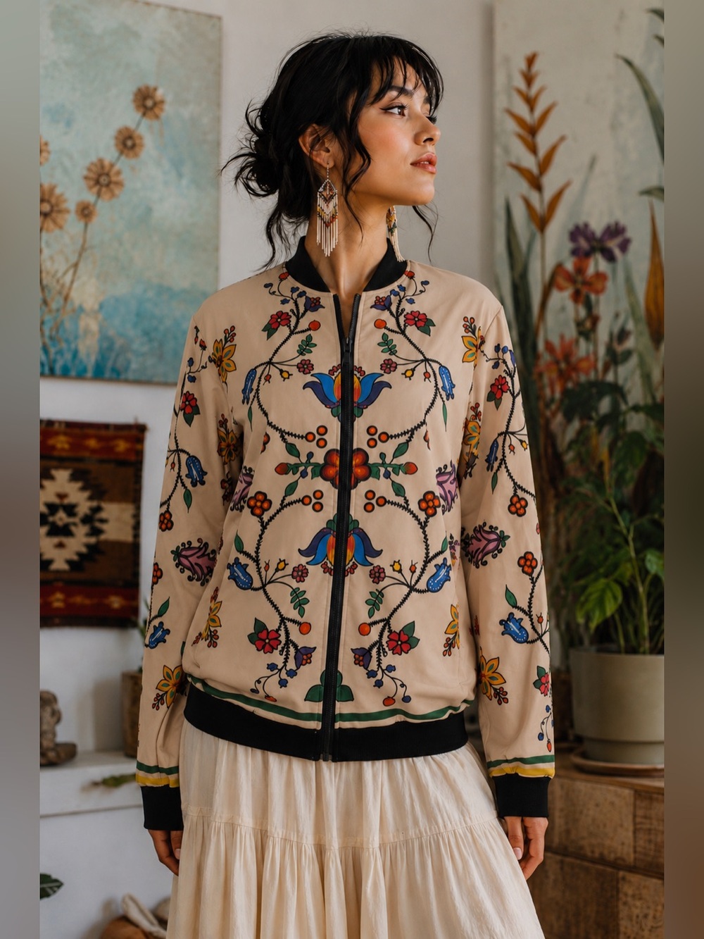 Old Tribes Floral Satin Bomber Jacket M Boho Folk Art Woodland Print